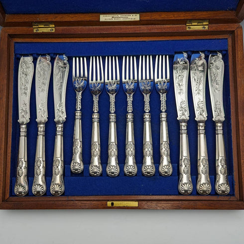 1870年 英国アンティーク 純銀製 フィッシュカトラリー 6ペアセット 箱入り William Marshall